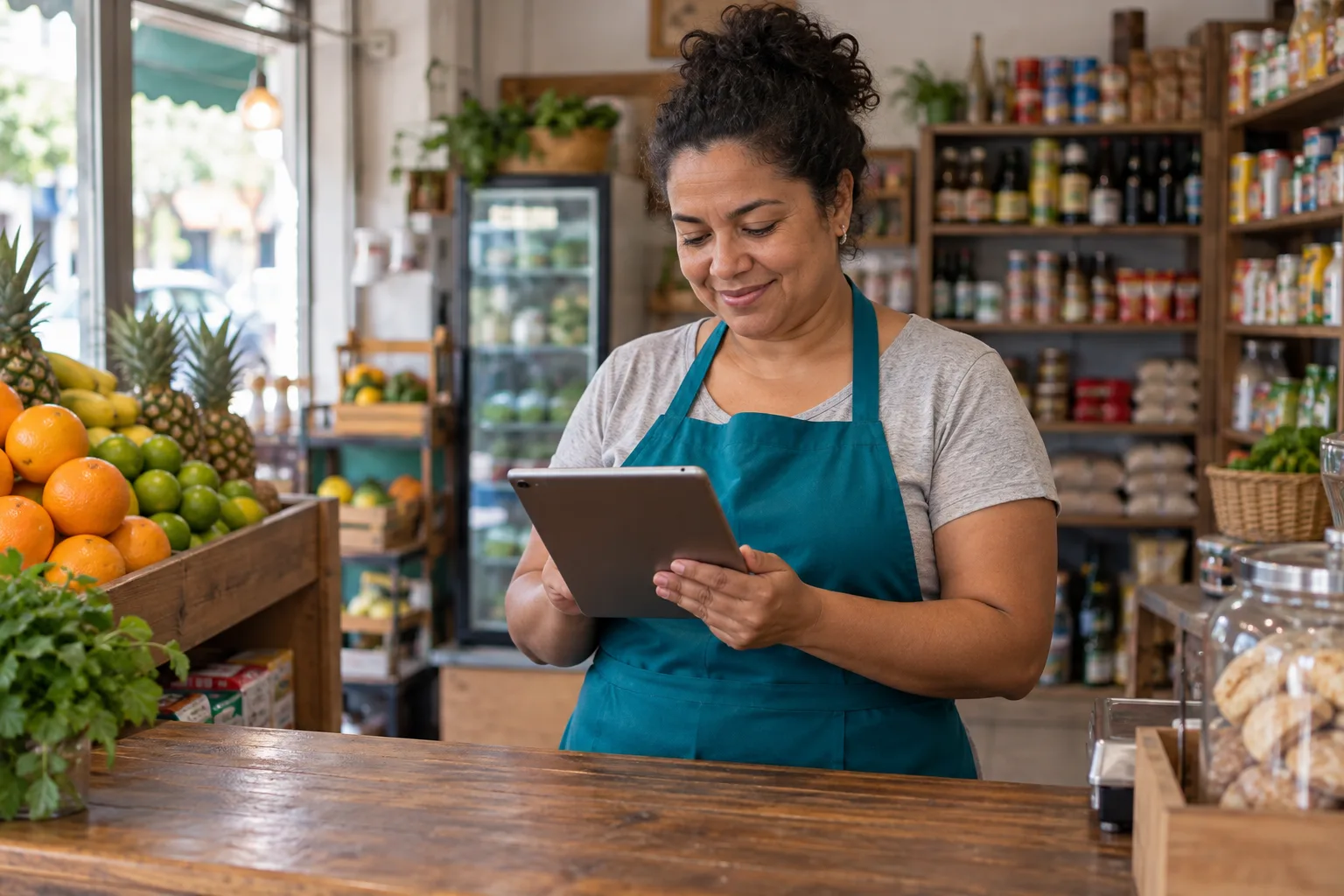 Cena ilustrativa de uma comerciante consultando um tablet no balcão de um mercado de bairro